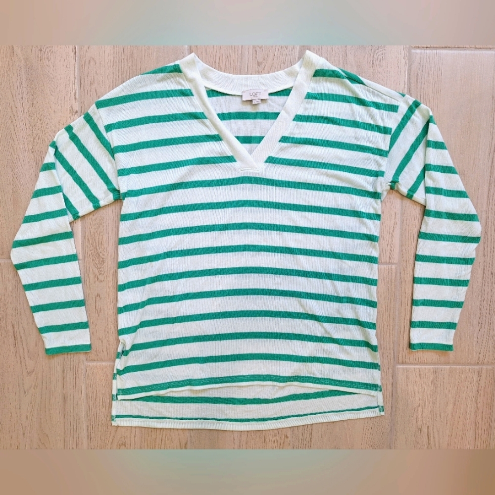 Loft green and white striped long-sleeved V-neck shirt - size small